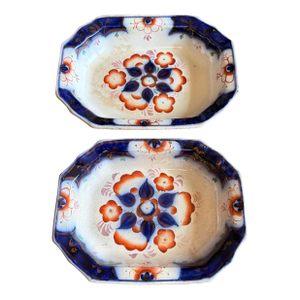 Antique Gaudy Welsh Crescent Pinwheel Flow Blue Set of 2 Vegetable Dishes, Circa 1840s