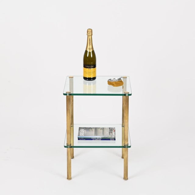 Metal Brass and Glass 2-Tier Side Table or Nightstand from Maison Jansen, France, 1970s For Sale - Image 7 of 14