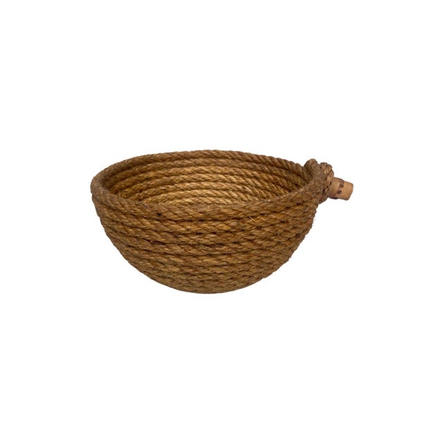 Mid-Century Rope Basket Adrien Audoux & Frida Minet. With one bamboo handle and a glass bowl.