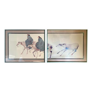 1990s Vintage Diptych Watercolor Lithograph "Bringing Hejira Home" by Artist Carol Grigg - Set of 2 For Sale