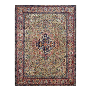 Antique Persian Tabriz Pahlavi Wool 10x13 Taupe, Salmon, & Navy Handmade Area Rug #9902222