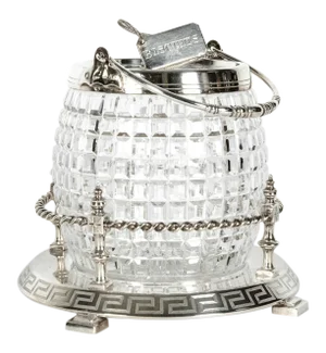 English Cut Crystal Barrel With Detachable Silver Plate Tray and Cover