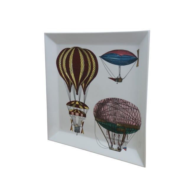 Fornasetti Palloni Tray n.2 - square porcelain serving plate / platter decorated with a variety of antique hot air...