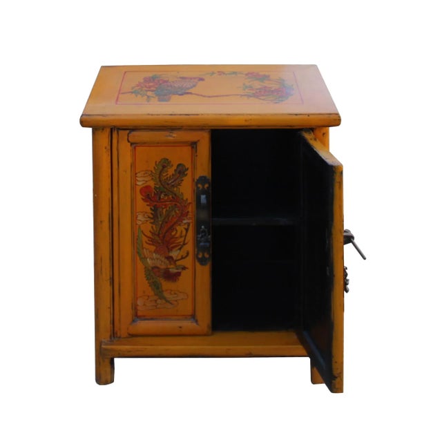 2000 - 2009 Oriental Distressed Orange Yellow Phoenix Flower End Table Nightstand For Sale - Image 5 of 7