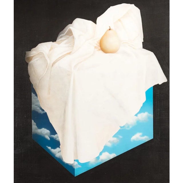 Charley Brown -Pear on a Cube of Clouds in the Sky " Surrealistic Still Life Oil Painting Large oil painting on canvas...