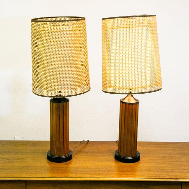 Wood 1960s Mid Century Modern Lamp Set Table Light Lighting Gruvwood Walnut Cane Shade Pair For Sale - Image 7 of 11