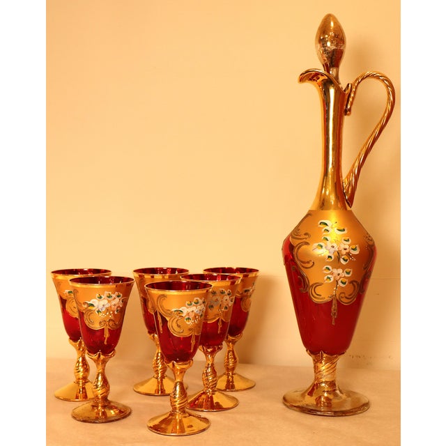 Decanter Set with Glasses in Red Murano Glass and Pure Gold Hand-Painted, 1960s, Set of 7 For Sale - Image 14 of 18