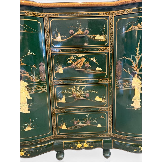 Chinoiserie Vintage Chinese Green Lacquered Serpentine Credenza / Sideboard With Soapstone Inlay For Sale - Image 3 of 12