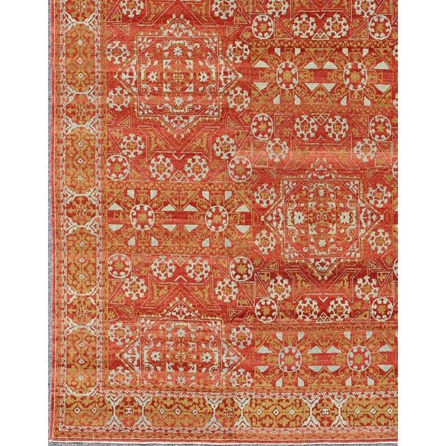 Measures: 11' x 15'. Red background with accent chartreuse Green and pale gray/blue vintage Turkish tribal ottoman rug...