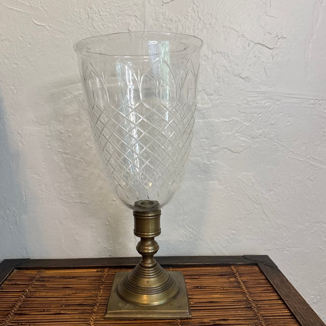 Mid 20th Century Vintage Brass and Etched Glass Hurricane Candle Holder For Sale - Image 5 of 12