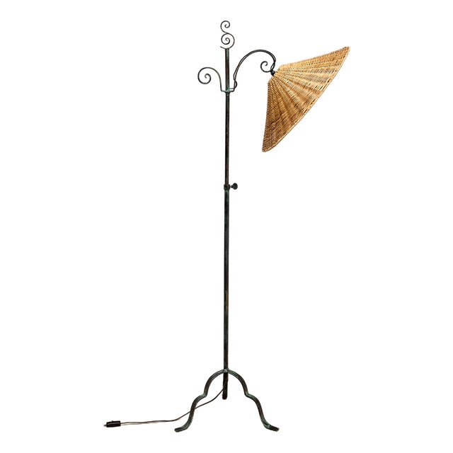 Wrought Iron Floor Lamp with Rattan Shade by Harald Notini, Böhlmarks, Sweden, 1930s For Sale