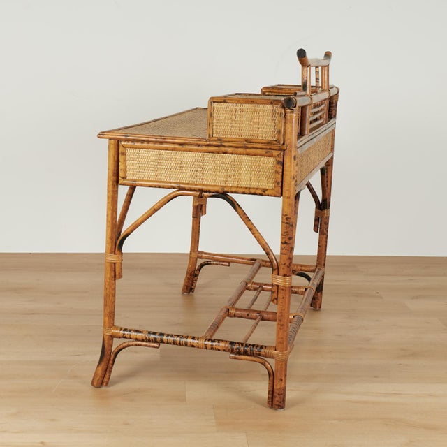 Vintage British Colonial Style Faux Burnt Bamboo and Grasscloth Pagoda Desk For Sale - Image 16 of 16