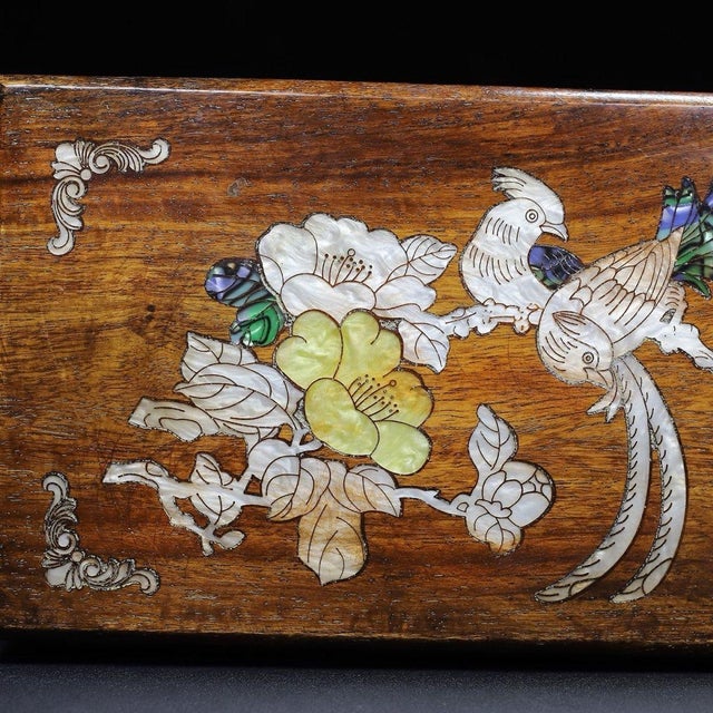 Wood Huali Rosewood Box Inlaid With Mother-of-Pearl Bird Motif For Sale - Image 7 of 10