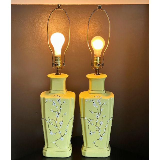 Mid-Century Porcelain Pale Yellow Table Lamps, Raised Chinoiserie ...