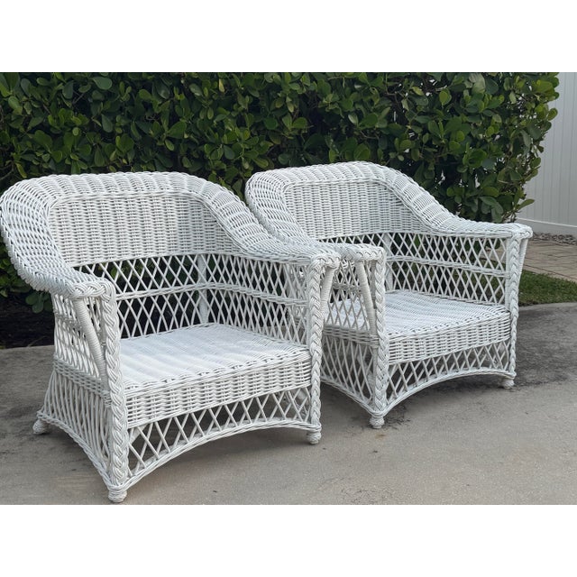 Wood Vintage Handwoven Rattan Lounge Chairs With Braided Trim, Pair For Sale - Image 7 of 12