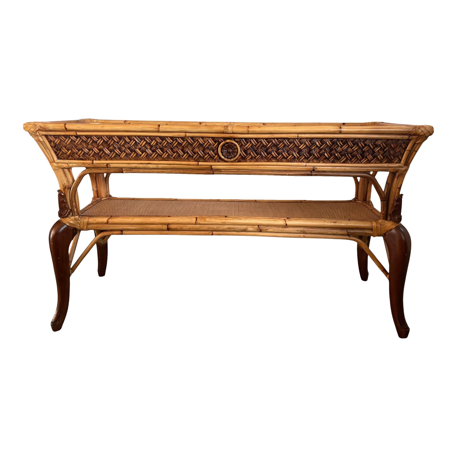 Vintage 80s Italian Wood Bamboo & Rattan Tiered Console Table & Glass ...