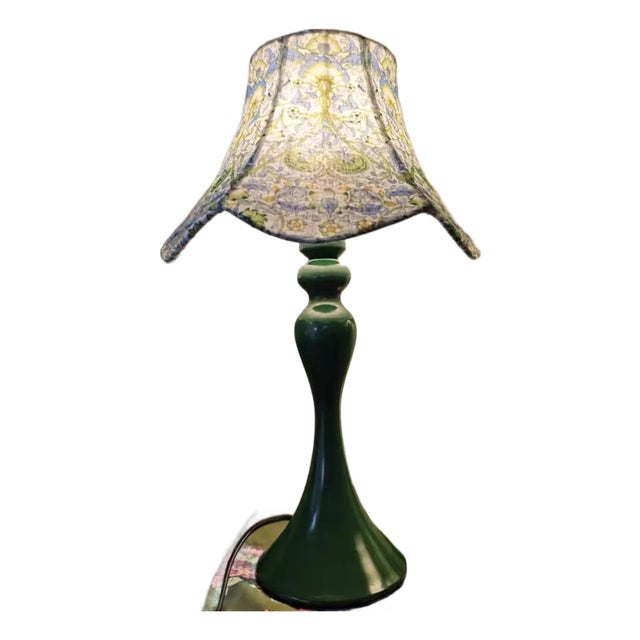 Blue-Green Floral Fabric & Dark Green Ceramic Lamp For Sale