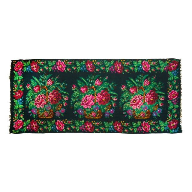 Vintage Romanian-Moldovan Handwoven Wool Runner Rug with Floral Rose Basket Folk Pattern, 1970s For Sale