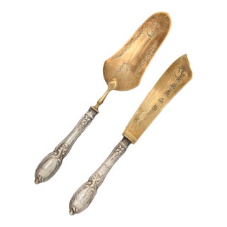 Antique French Coin Silver Dessert Servers, 22k Plated Gold Blades For Sale