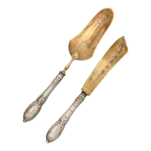 Antique French Coin Silver Dessert Servers, 22k Plated Gold Blades