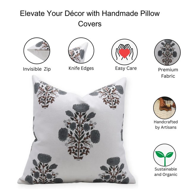 Fabdivine Artisan Block Print Throw Pillow Cover 24x24 Inch Thick Cotton White-Swadesh For Sale - Image 4 of 4