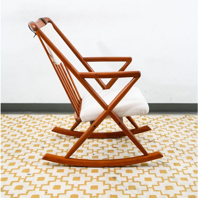 Mid-Century Modern 1960s Mid Century Danish Modern Rocking Chair Attributed to Benny Linden Teak Floating White Wool MCM For Sale - Image 3 of 12