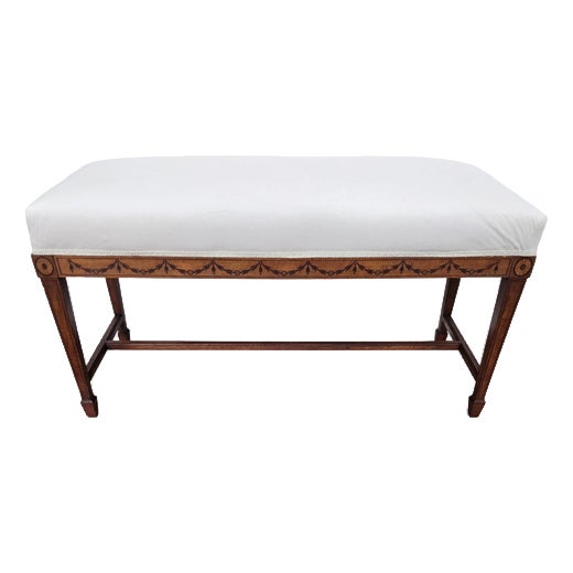 Neoclassical Italian Wooden Inlay Upholstered Bench, 1950s For Sale