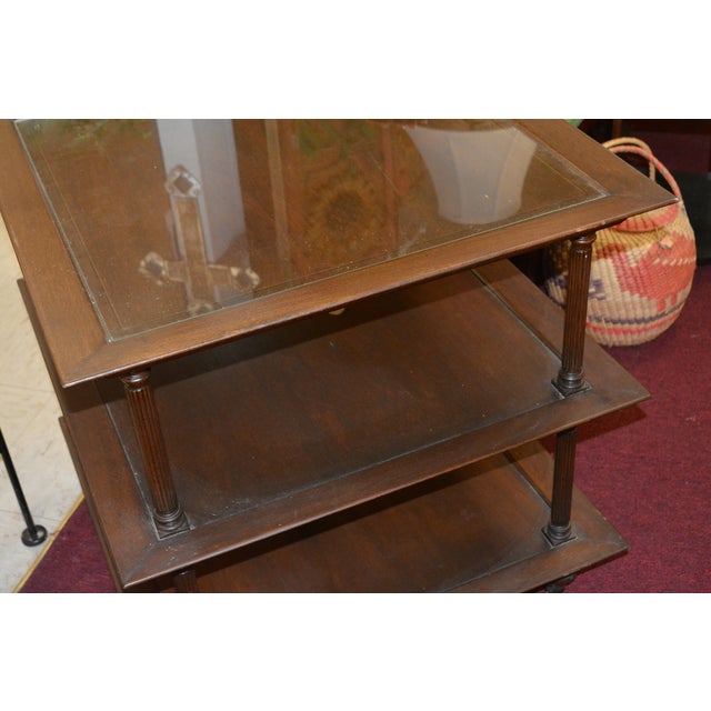Mid-Century Modern 1960s Barbara Baker Style 3 Tier Square Wood & Glass Top Table W/ Columns & on Castors For Sale - Image 3 of 18