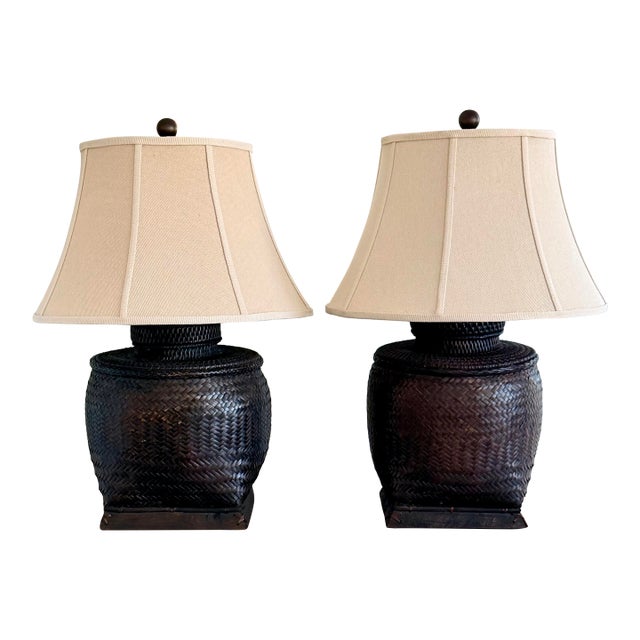 1990s Monumental Antique Rice Bin Woven Rattan Table Lamps by the Natural Light - a Pair For Sale