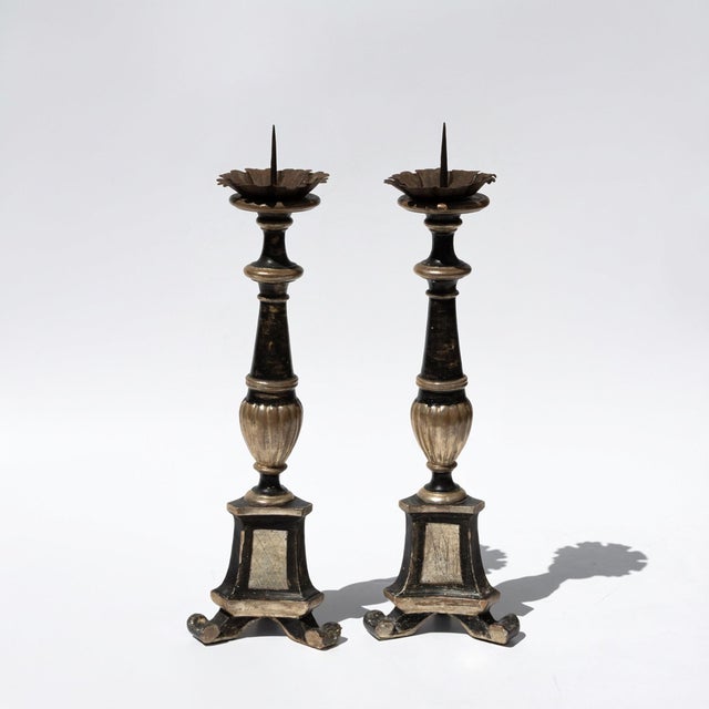 Neoclassical Pair of Italian Neoclassical Black and Silver-Gilt Candlestick Lamps Circa 1820 For Sale - Image 3 of 8