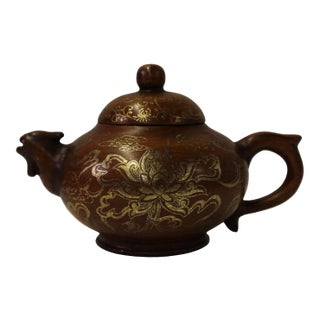 Chinese Zisha Clay Brown Golden Scenery Teapot Display For Sale