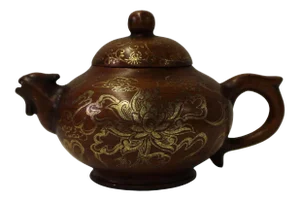 Chinese Zisha Clay Brown Golden Scenery Teapot Display