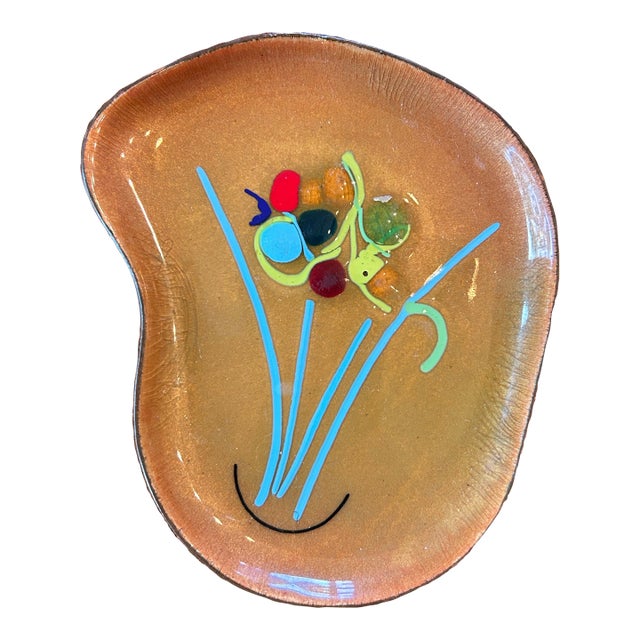 Vintage MCM Copper and Painted Enamel Small Dish For Sale