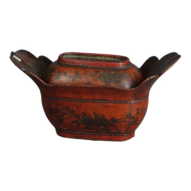 Antique Chinese Figural & Polychromed Wooden Basket Circa 1920 For Sale