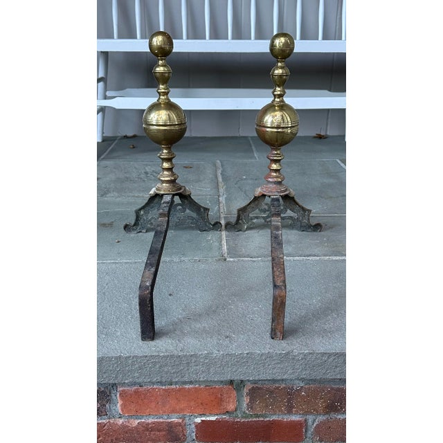 Pair of French Style Brass Andirons With Fleur De Lis For Sale In Savannah - Image 6 of 11