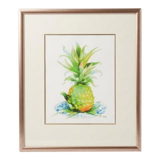 Vintage Framed Watercolor-Style Pineapple Botanical Print For Sale