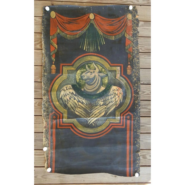 Vintage oil on canvas painting of the winged ox or bull of St. Luke by Geneva Flores Hart Fell (1906 - 2008) Texas. Black,...