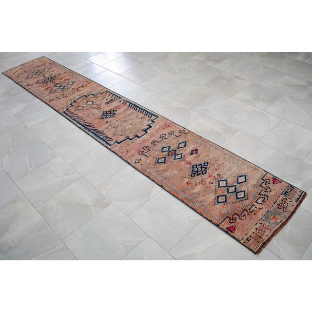 1960s Runner Turkish Hand-Knotted Rug Peach Hallway Decor Kitchen Floor Accent 2x13 Ft Approx For Sale - Image 9 of 15