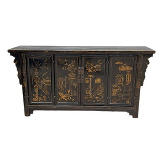 Vintage Chinese Black Lacquer Chinoiserie Sideboard W/ Hand-Painted Gilt Decoration For Sale