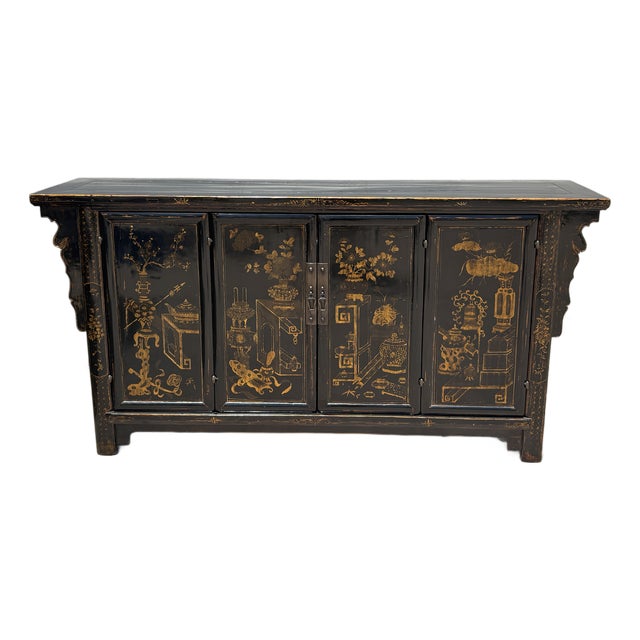 Vintage Chinese Black Lacquer Chinoiserie Sideboard W/ Hand-Painted Gilt Decoration For Sale