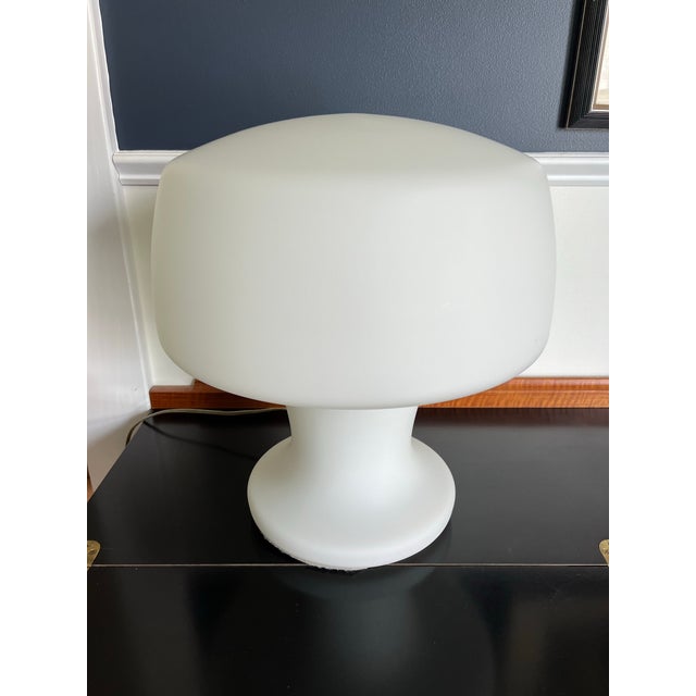Mid-Century Modern Laurel "Mushroom" Table Lamp. Blown opaque white glass forms a unique sculptural "Mushroom" shape. One...