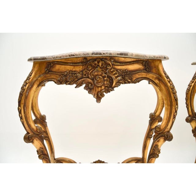 Vintage French Console Tables in Gilt Wood with Marble Tops, 1950, Set of 2 For Sale - Image 9 of 13