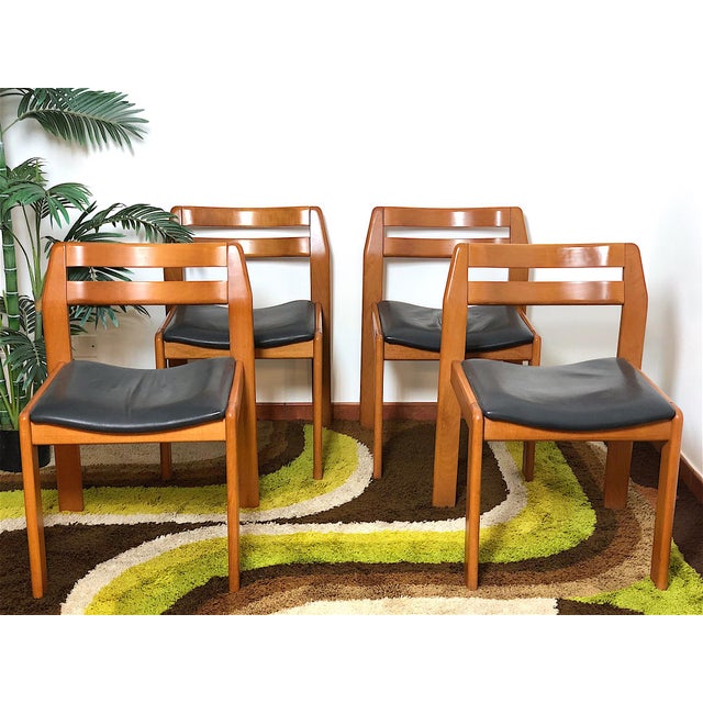 Vintage Walnut & Leather Chairs, Italy, 1970s, Set of 4 For Sale - Image 16 of 18