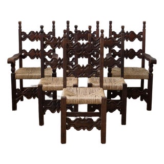 1960s Mexican Brutalist Wood and Rush Ladderback Dining Chairs - Set of 6 For Sale