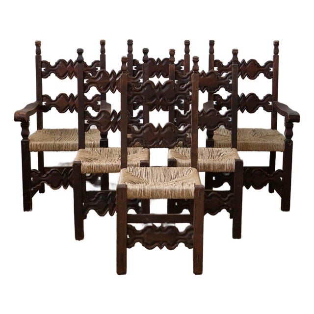 1960s Mexican Brutalist Wood and Rush Ladderback Dining Chairs - Set of 6 For Sale