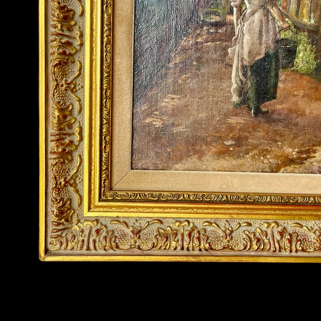 Early 20th Century Early 20th Century Neoclassical European Community Life Village Scene Oil Painting For Sale - Image 5 of 6