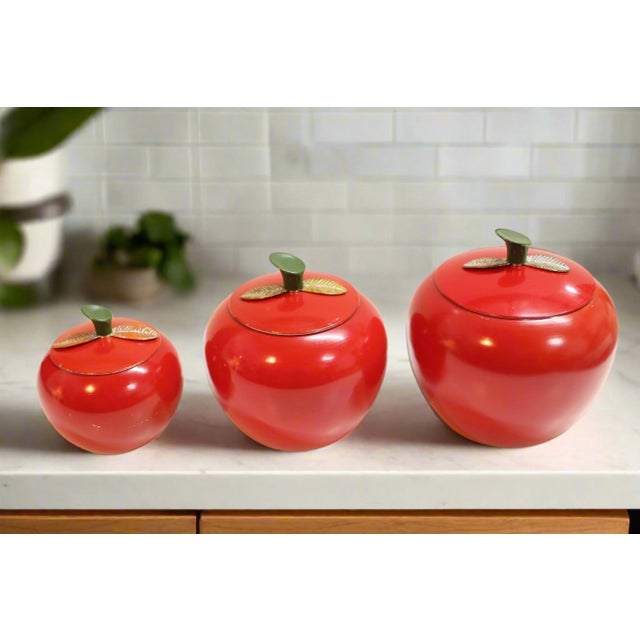 1960s Spun Aluminum Red Apples Canister Set For Sale - Image 10 of 10