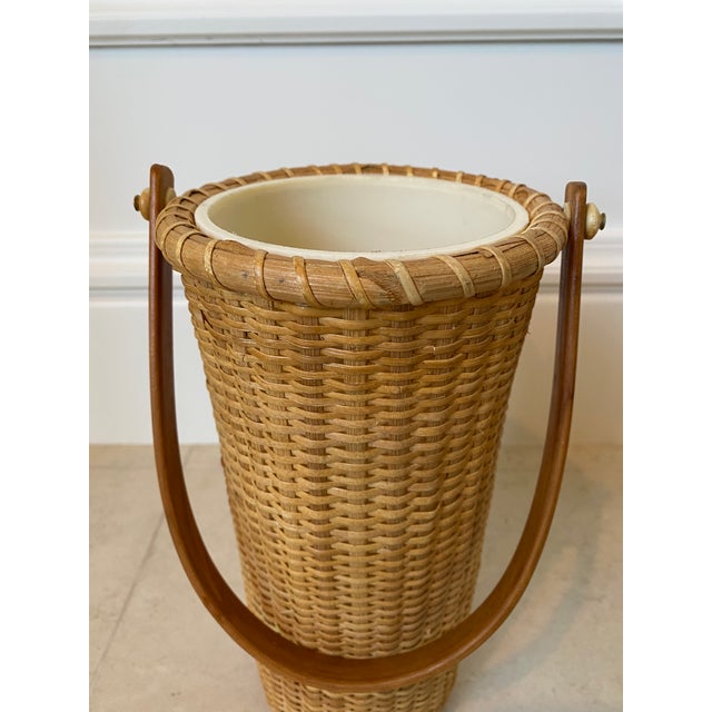 Tan Vintage 1970s Woven Wicker & Rattan Wine Cooler/Carrier With Liner For Sale - Image 8 of 11