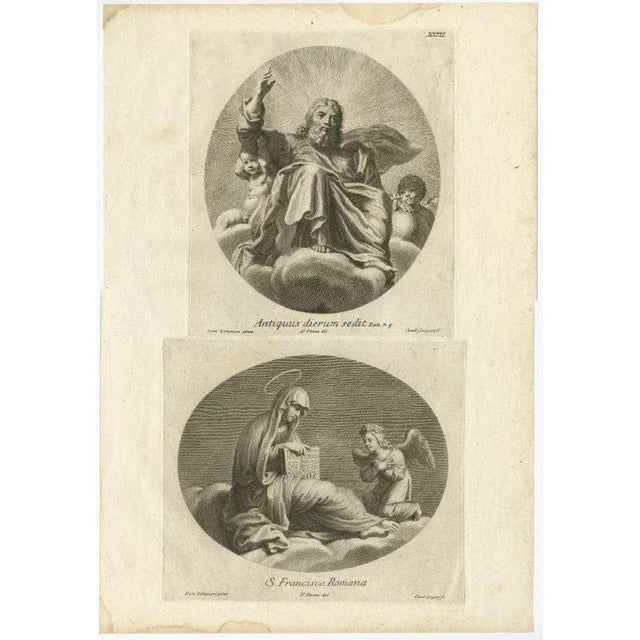 Antique print titled 'Antique Dierum Sedit - S. Francisca Romana'. Scarce plate showing the 'Ancient of Days' ie. God from...
