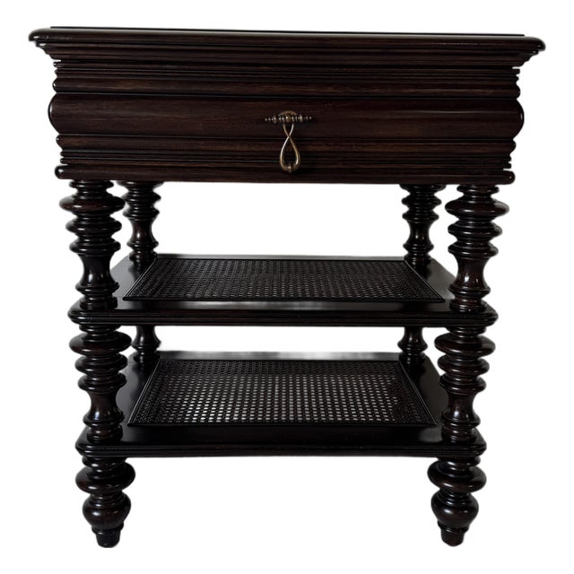 Tommy Bahama Royal Kahala Haven Nightstand in Tobacco Brown Mahogany & Cane For Sale